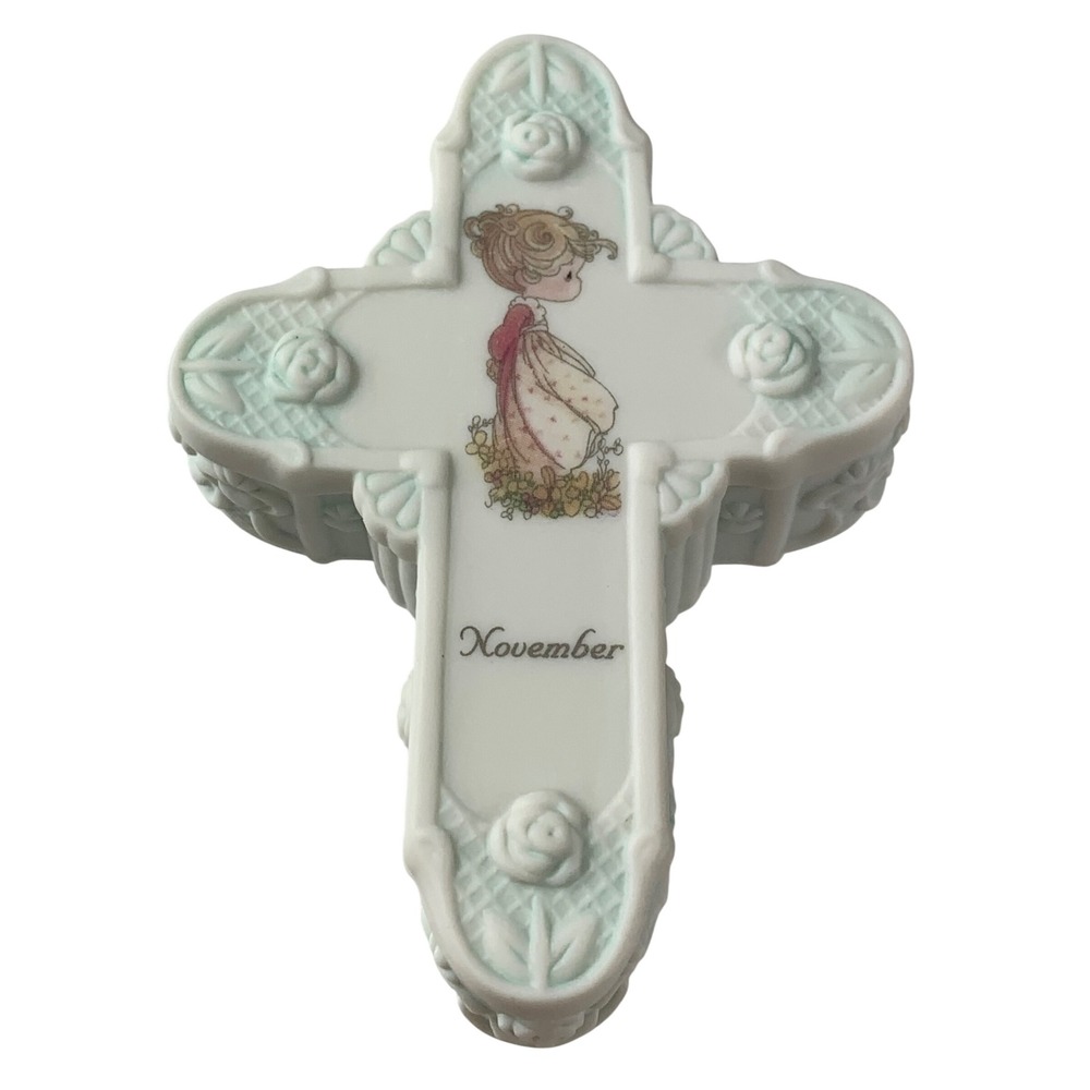 Precious Moments November Birthday Cross Trinket Box Porcelain Enesco 1998